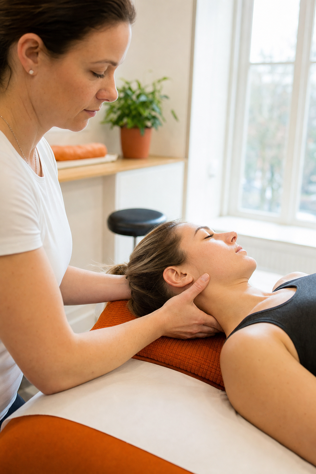 A photorealistic close-up of an osteopath's hands gently mobilising a patient's neck during a treatment session in a bright clinic. Alt: Hands-on osteopath treating neck pain in a North London clinic.