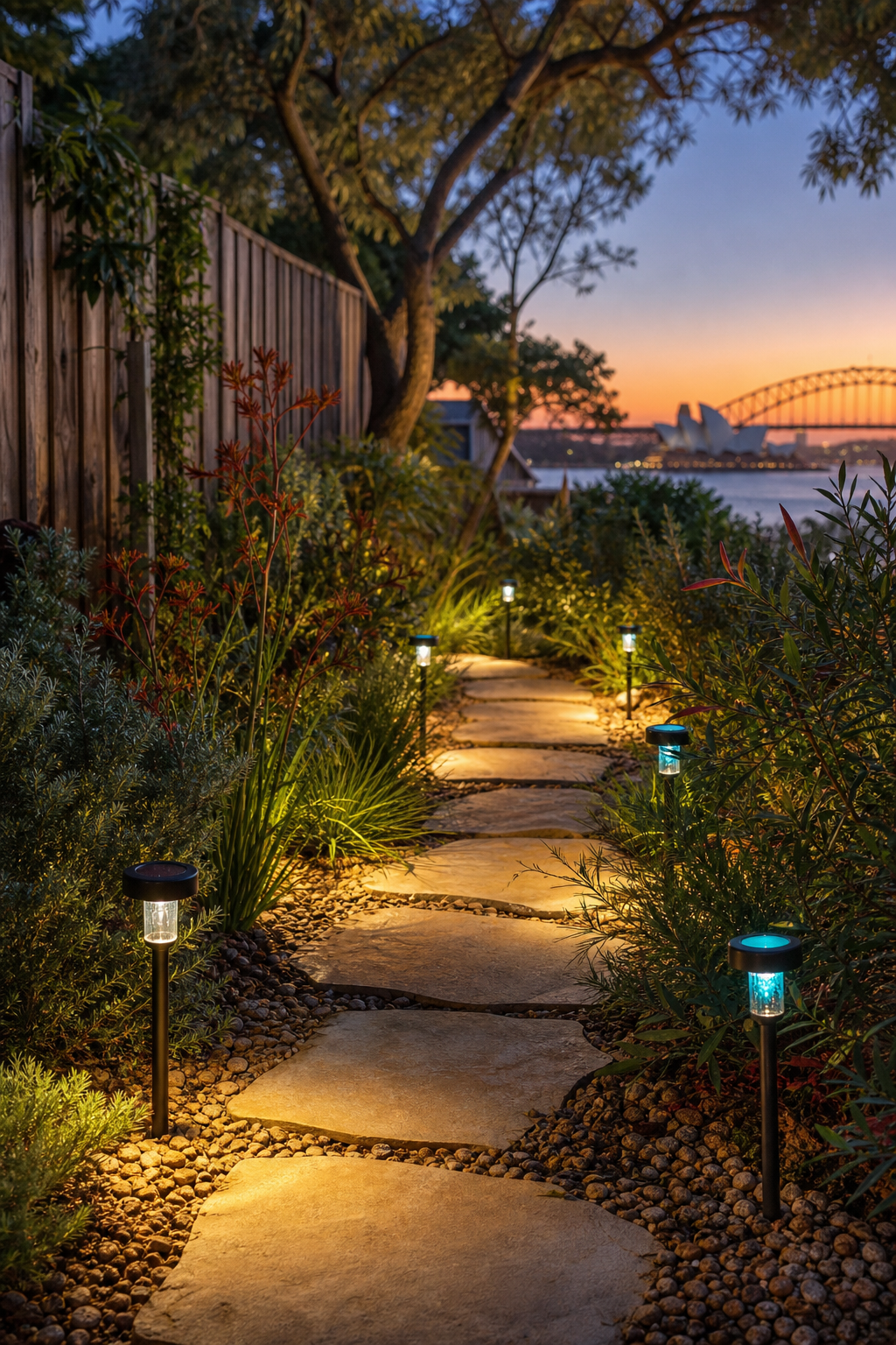 A photorealistic scene of a charming Australian garden pathway lined with glowing solar path lights at dusk, with native plants and a wooden fence. Alt: Solar path lights illuminating a garden walkway at dusk.