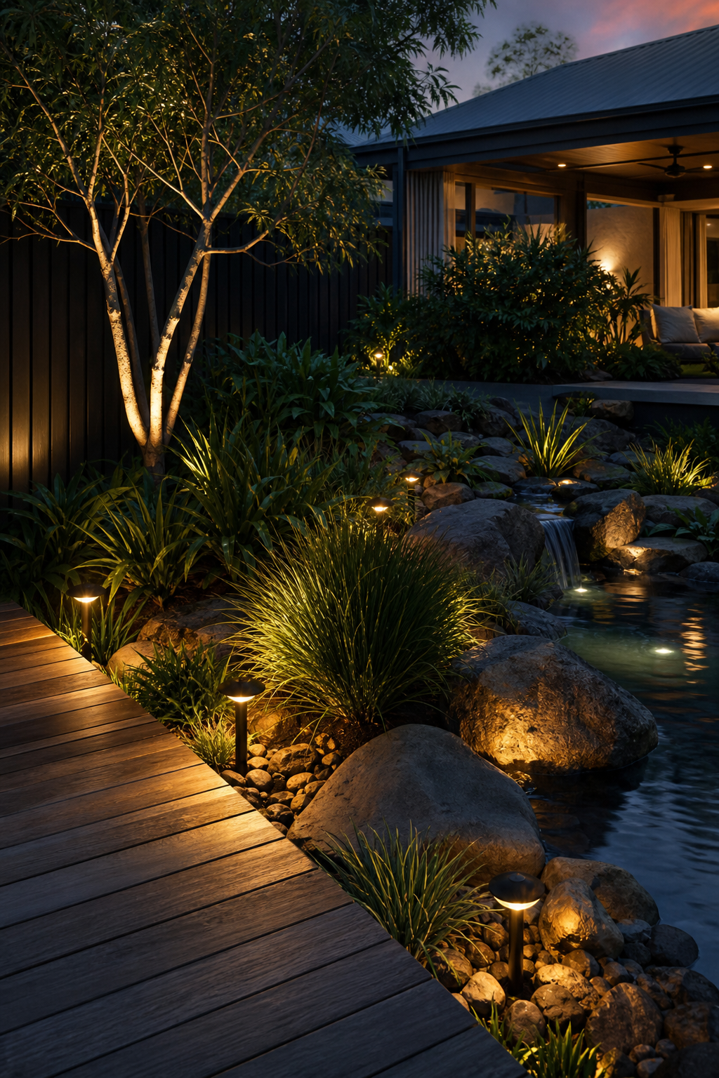 A photorealistic image of a cozy Australian backyard with low-voltage landscape lights highlighting a garden bed and a small water feature, warm light tones. Alt: Low-voltage landscape lighting enhancing a garden bed at night.