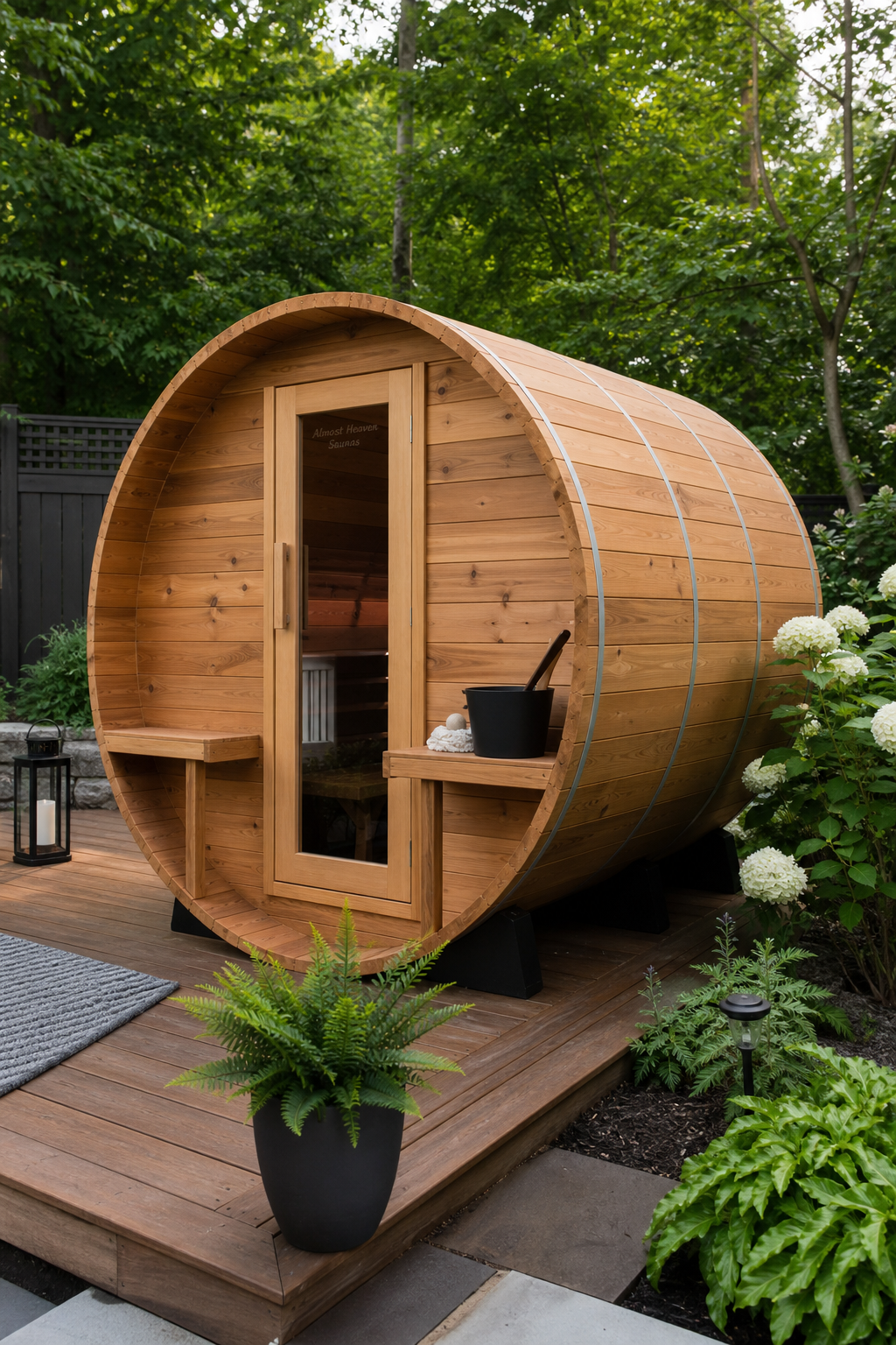 A photorealistic image of a large cedar barrel sauna in a lush backyard setting, with a wooden deck and surrounding greenery. Alt: Almost Heaven Bluestone 6-person barrel sauna in outdoor setting.