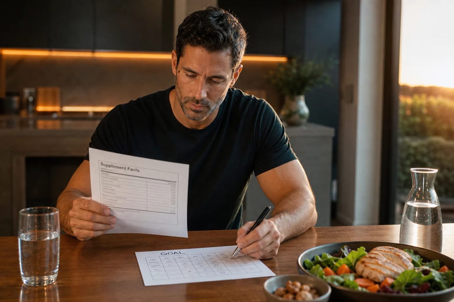 man checking male libido supplement label and matching ingredients to his goal.