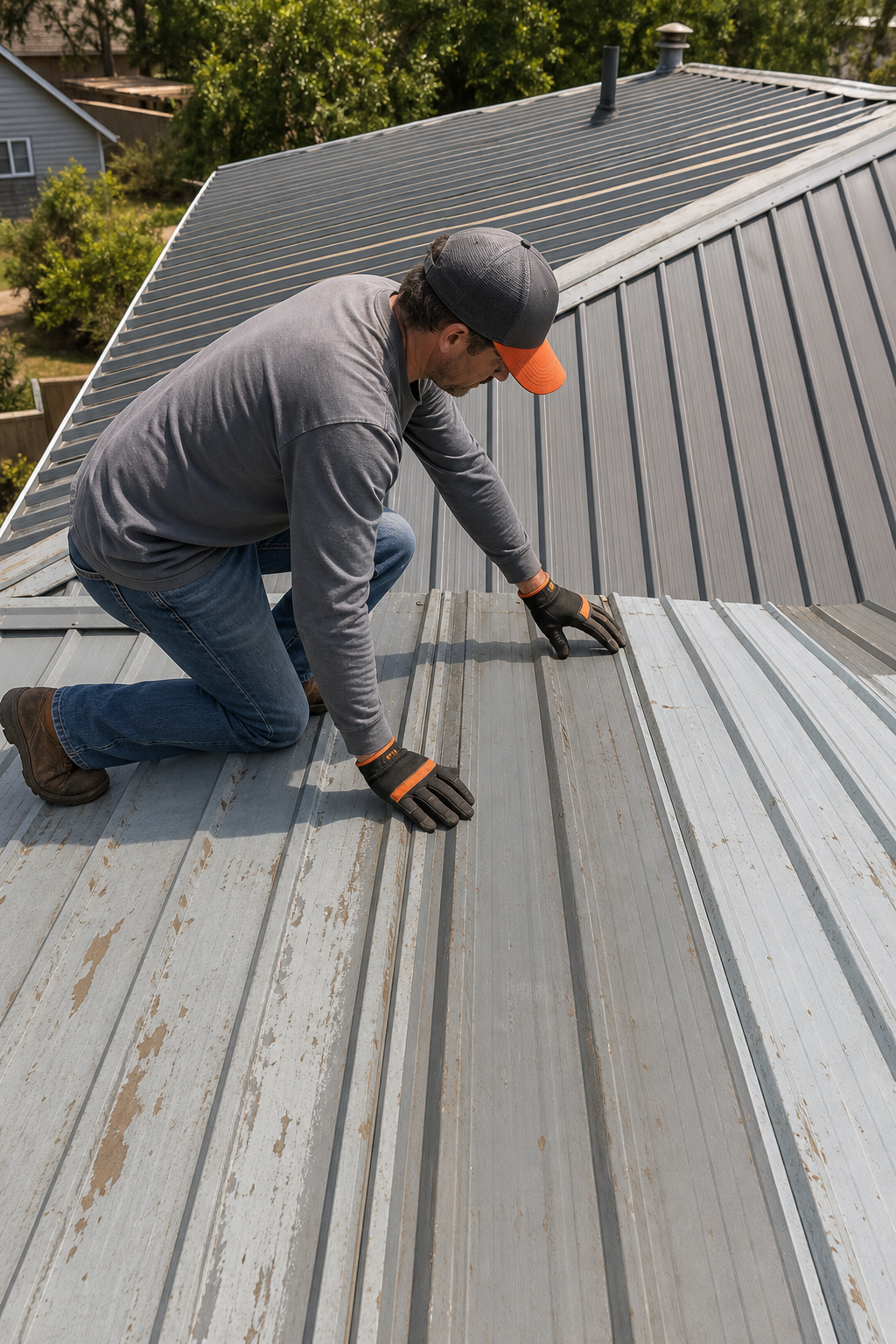 A photorealistic overhead view of a person in work boots and gloves inspecting a corrugated metal roof in daylight, checking panel seams and surface condition on a residential home with trees in the background. Alt: inspecting metal roof panels before painting.
