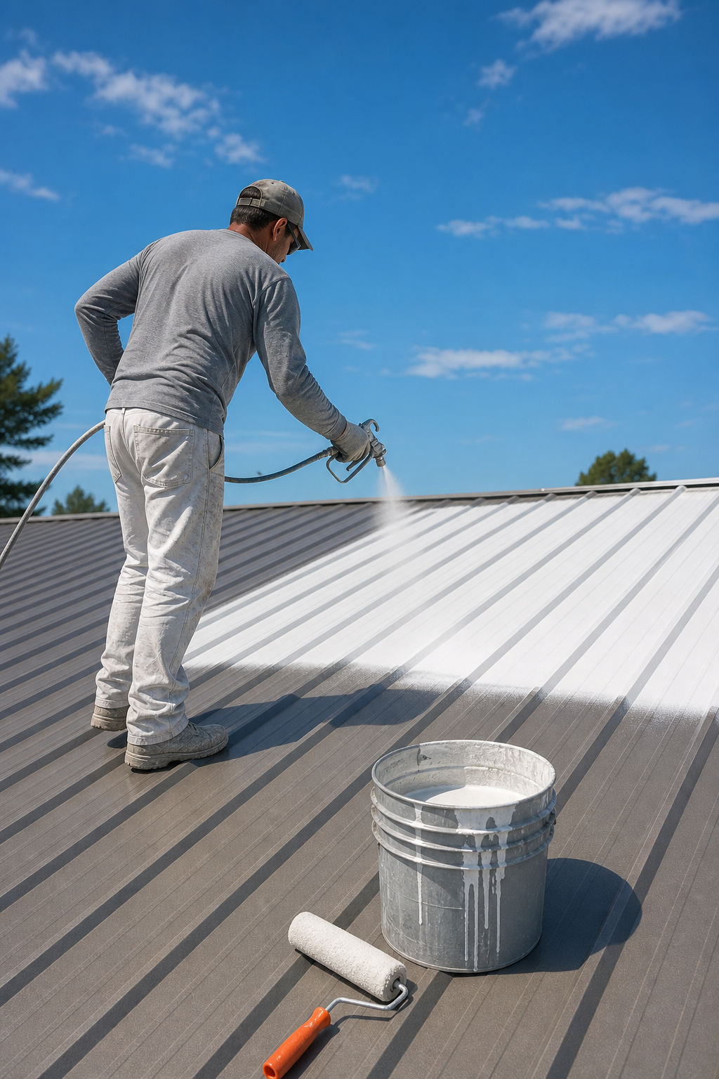 A photorealistic scene of a professional painter using an airless sprayer to apply paint on corrugated metal roof panels on a sunny day, with a bucket of paint and roller nearby on the roof surface. Alt: applying paint to metal roof panels with airless sprayer.