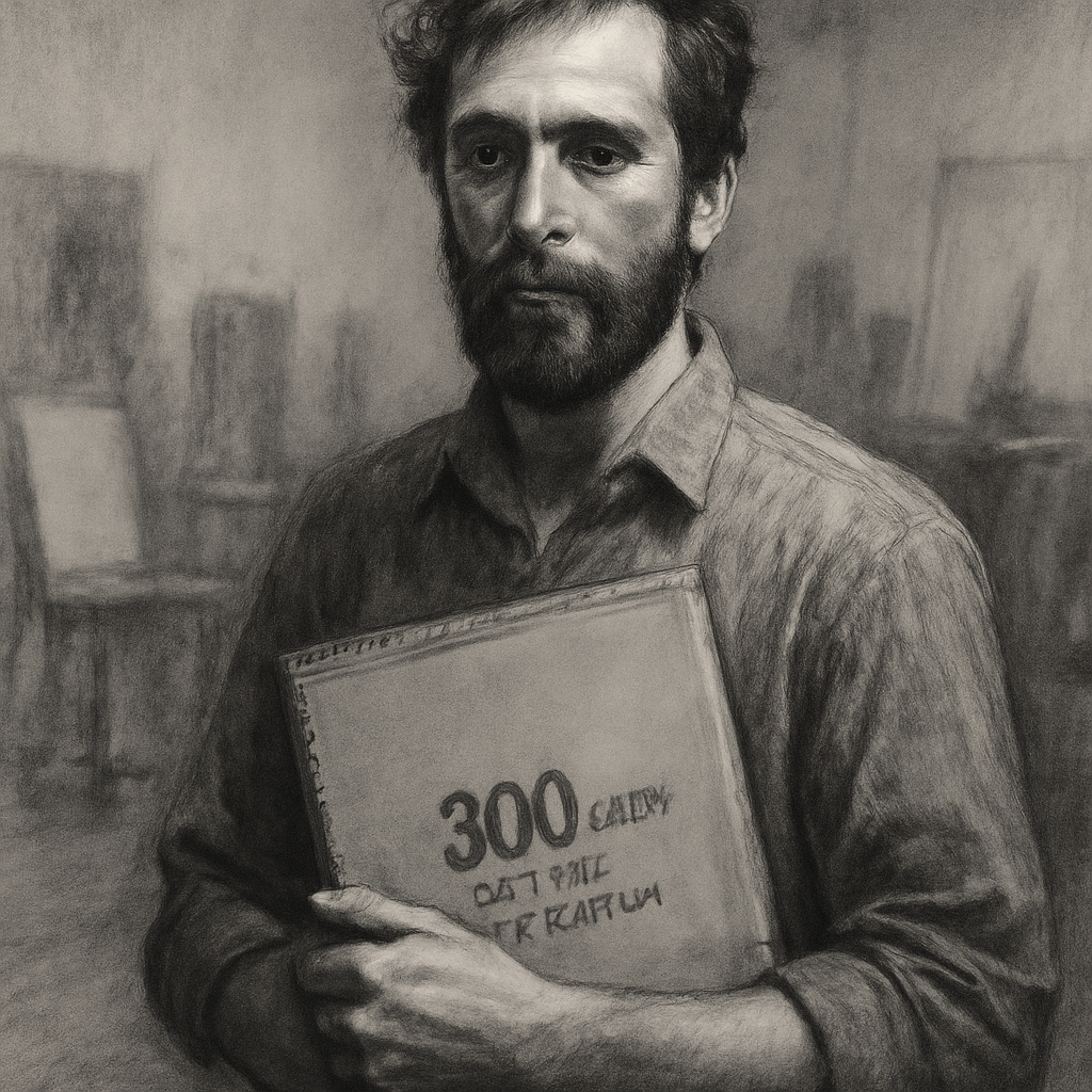 A charcoal artist in a studio, holding a 300‑gram paper pad, with a soft focus background. Alt: Charcoal drawing on heavyweight paper