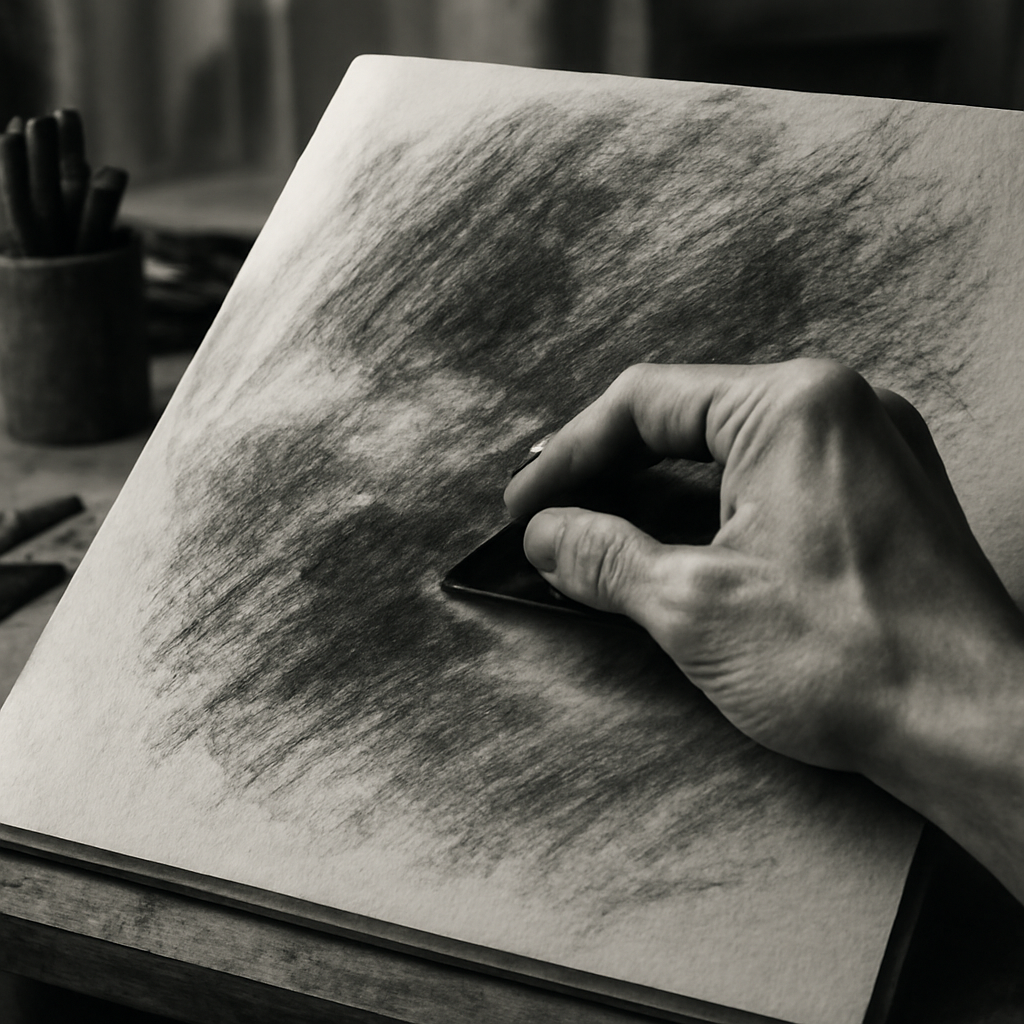 A charcoal artist layering light and dark tones on a textured paper pad in a studio setting. Alt: Charcoal layering on textured paper