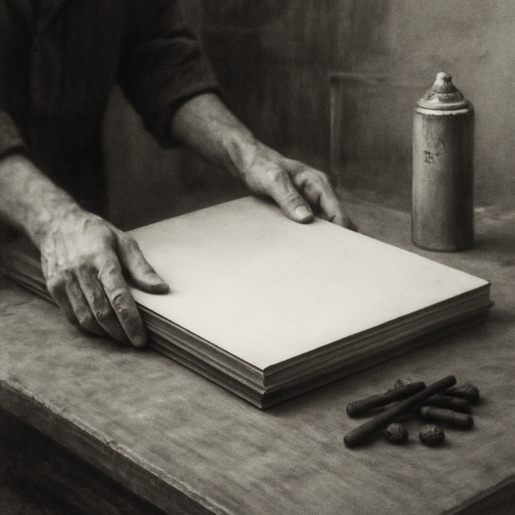 A charcoal artist carefully laying a heavy‑weight paper pad on a studio table, with a small pile of charcoal sticks and a fixative spray nearby. Alt: Charcoal drawing workflow with paper and fixative