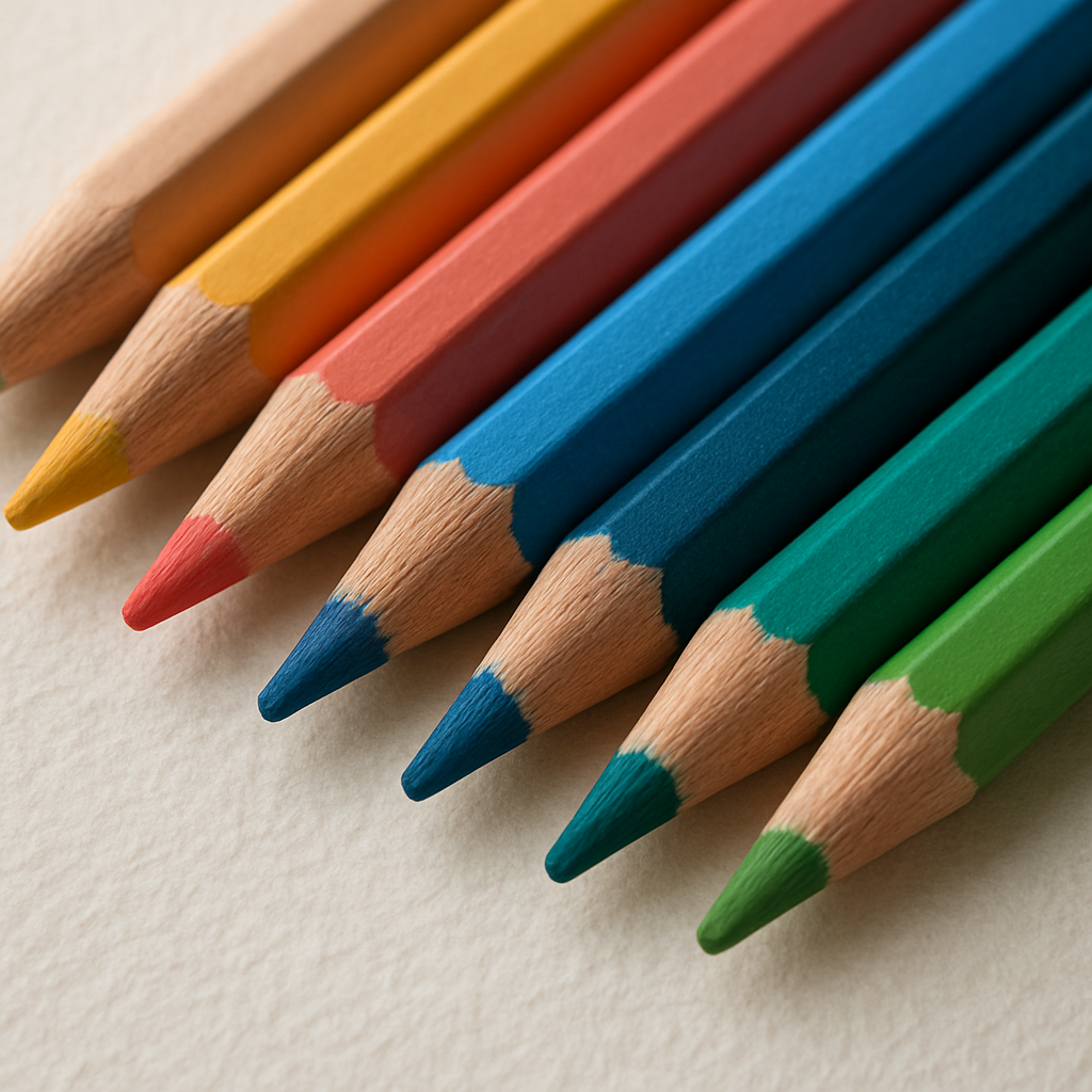 A close‑up of a set of pastel pencils laid out on a textured drawing paper, with a focus on the vivid colors. Alt: pastel pencils on textured paper