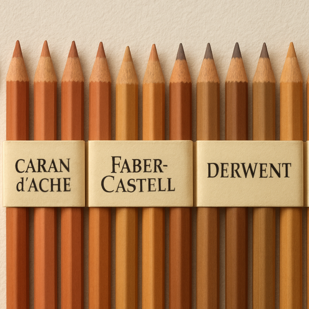 A close‑up of five pastel pencil sets arranged on a textured paper, each set labeled with its brand name. Alt: Pastel pencil sets for portrait artists