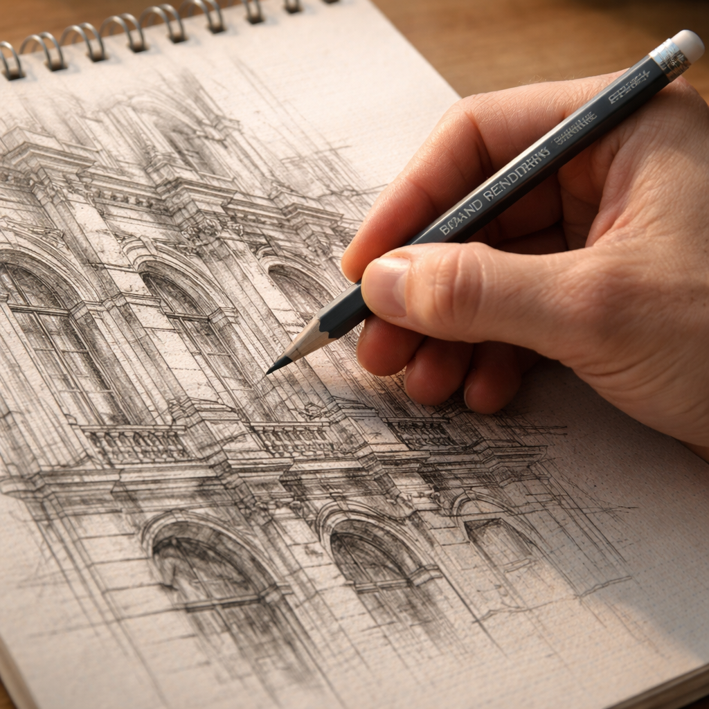 A photorealistic close‑up of a hand holding a 2H and a 4B pencil over a sketch of an architectural section, showing the contrast in line weight on smooth Bristol paper. Alt: best pencil for architectural rendering guide showing lead hardness differences.