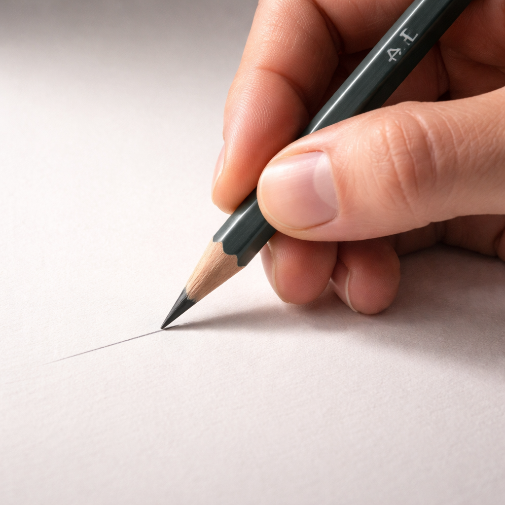 A photorealistic close‑up of a hand holding a hard‑grade 8H pencil next to a smooth paper surface, showing fine lines being drawn. Alt: best pencil for detailed drawing, hard grade, fine line work.