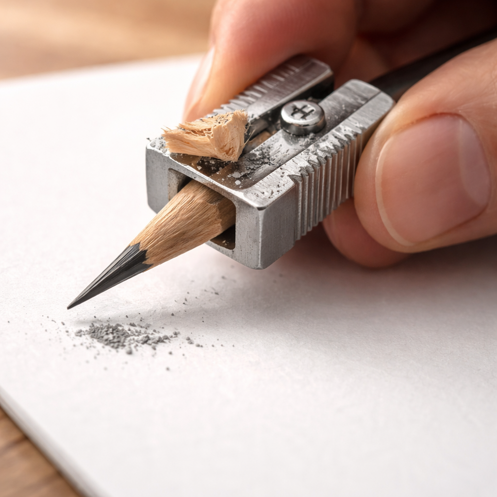 A photorealistic close‑up of a neatly organized wooden pencil case open on a studio table, showing pencils of different grades neatly sorted, a single‑edge razor sharpener beside them, soft natural light highlighting the graphite tips. Alt: best pencil for detailed drawing storage and maintenance.