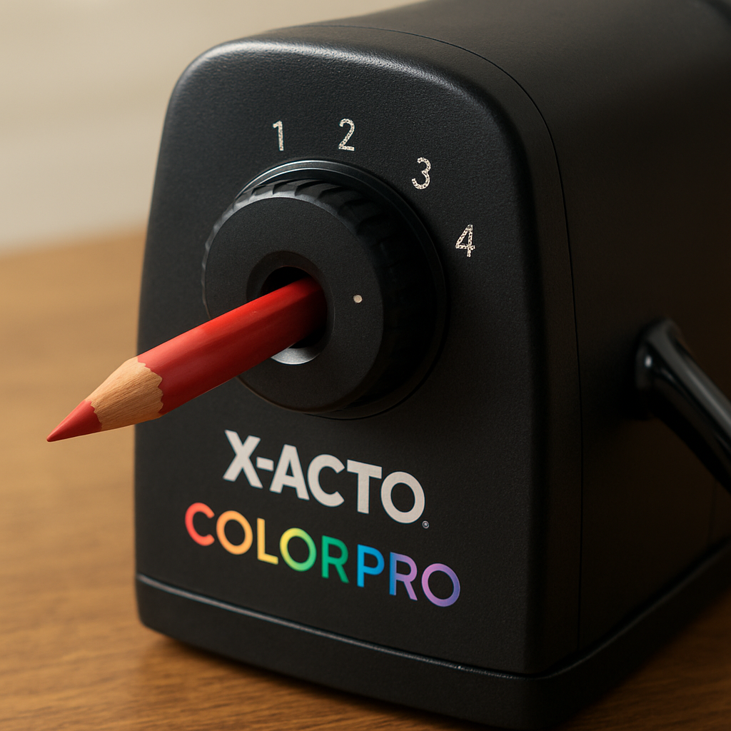 A close‑up of the X‑Acto ColorPro manual rotary sharpener in use, showing the adjustable aperture dial and a colored pencil tip emerging sharply. Alt: X‑Acto ColorPro manual rotary sharpener for colored pencils