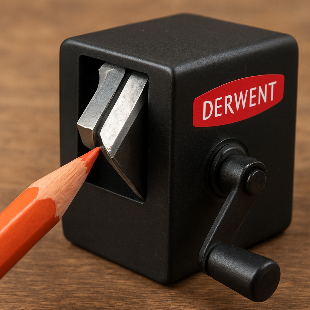A close‑up of the Derwent Edge precision blade sharpener in use, showing the angled steel blade, the crank handle, and a freshly sharpened colored pencil tip. Alt: Derwent Edge sharpener delivering a fine point for colored pencils