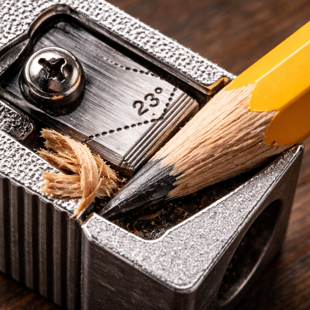 A photorealistic close‑up of a pencil being sharpened at a shallow angle, showing the blade, wood, and lead, with a subtle angle guide marked on the sharpener. Alt: Best pencil sharpening angle to avoid breakage.
