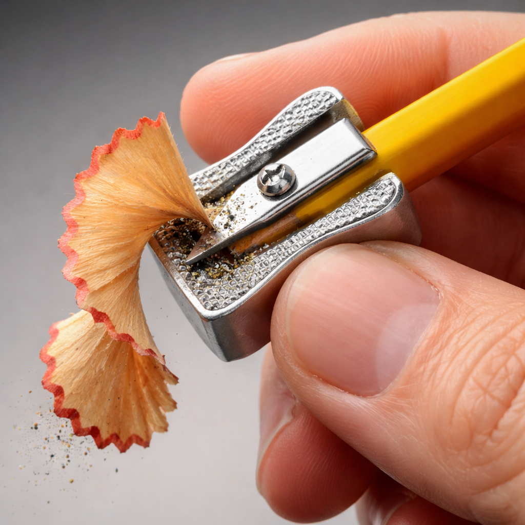 A photorealistic close‑up of a hand holding a pencil sharpener at the correct angle, wood shavings curling in a fine ribbon, studio lighting, realistic style. Alt: best pencil sharpening angle to avoid breakage