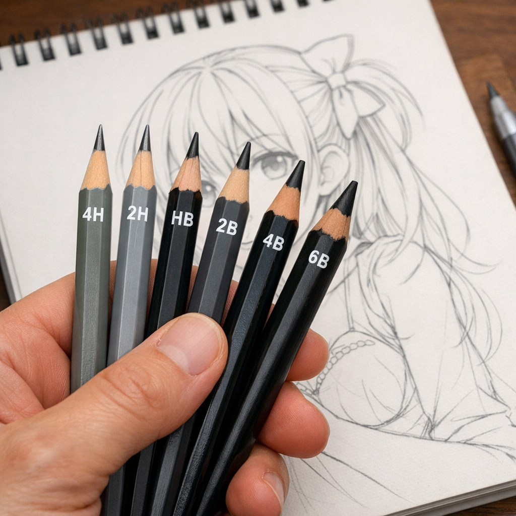A realistic close‑up of a hand holding a variety of graphite pencils ranging from hard to soft, with a sketchbook showing anime line work. Alt: pencil grade range for anime drawing