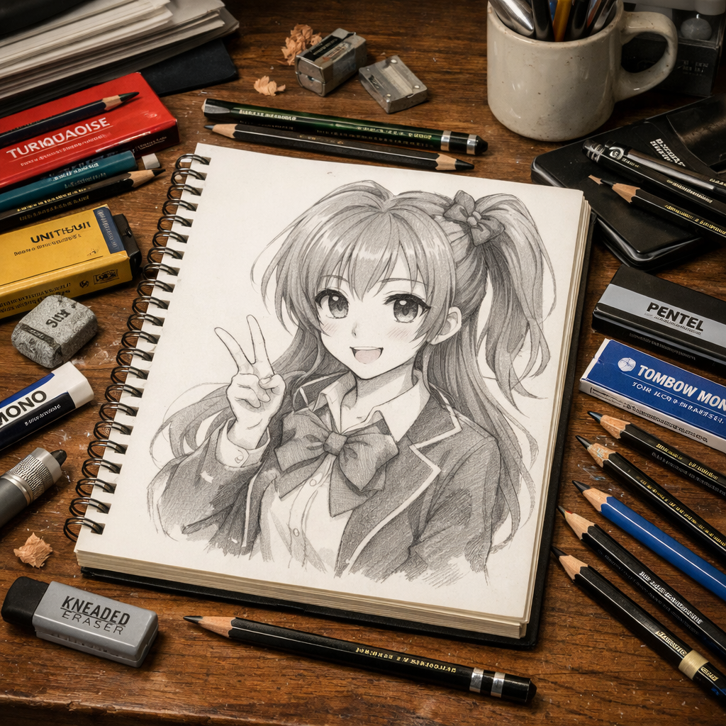 A realistic scene of an artist’s workspace with various pencil brands scattered, sketchbook open to an anime drawing. Alt: top anime drawing pencil brands on a desk