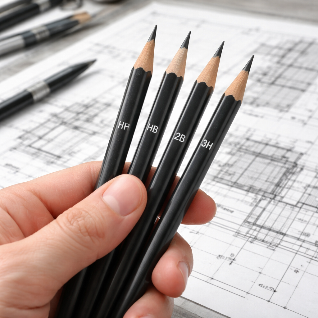 A photorealistic close‑up of a hand holding a set of graphite pencils—2H, HB, 2B, 3H—arranged on a drafting table with architectural sketches in the background. Alt: best pencils for architectural rendering with fine detail focus.