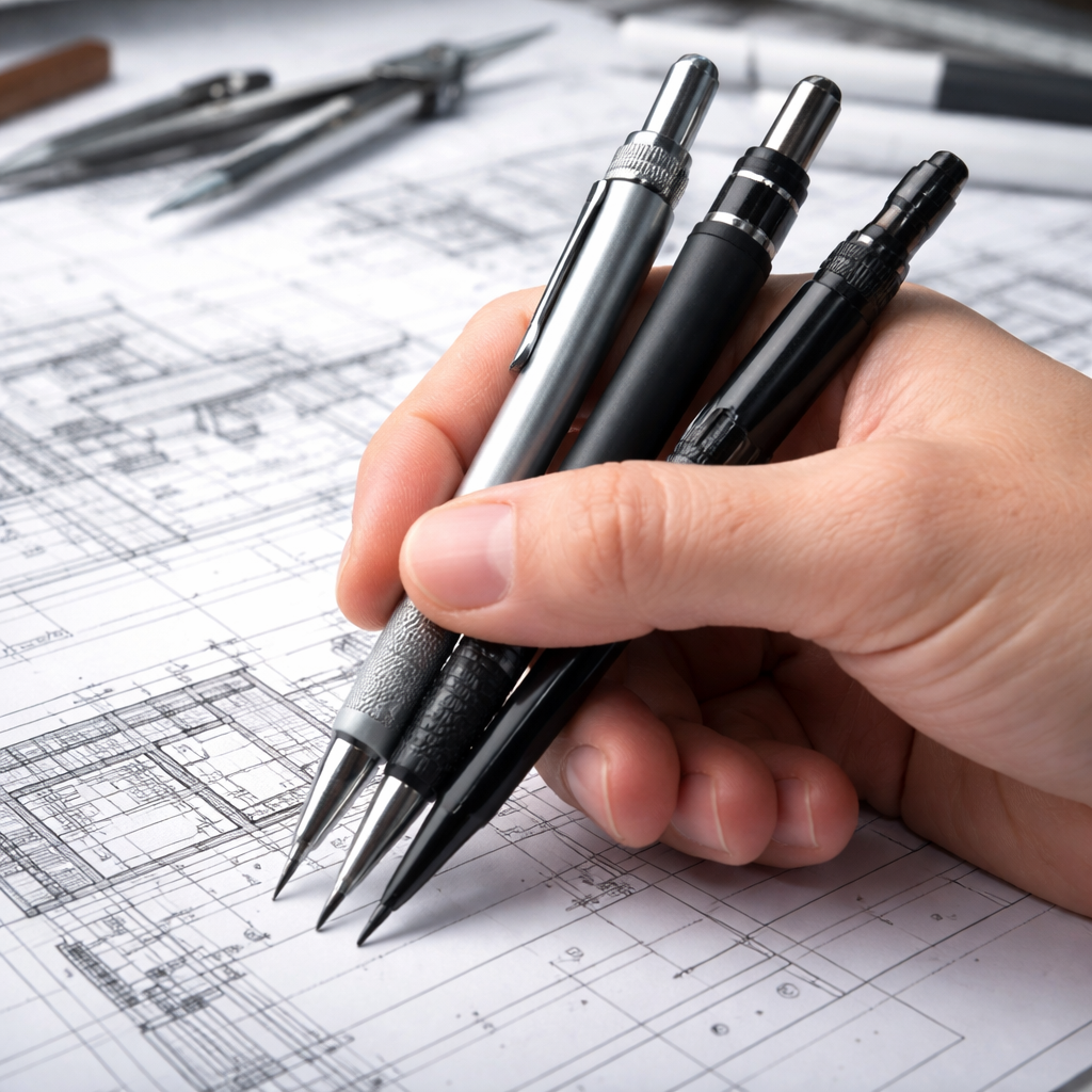 A photorealistic close‑up of a hand holding a mechanical pencil, a clutch pencil, and a graphite core pen on a drafting table with architectural sketches spread out. Alt: mechanical and specialty pencils for clean lines in architectural rendering.