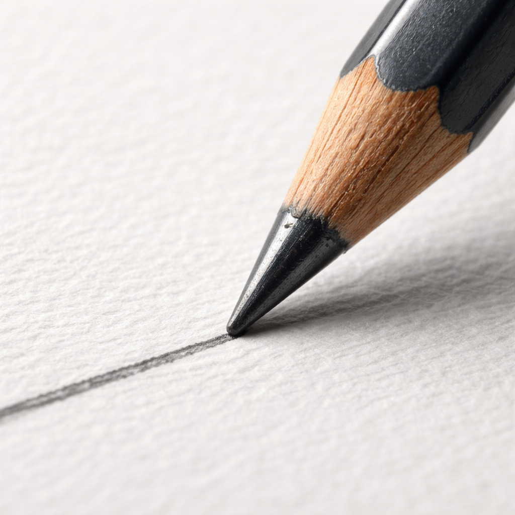A realistic close‑up of a graphite pencil tip gliding over textured drawing paper, showing smooth graphite deposition and fine line quality. Alt: detailed graphite pencil tip drawing on paper.
