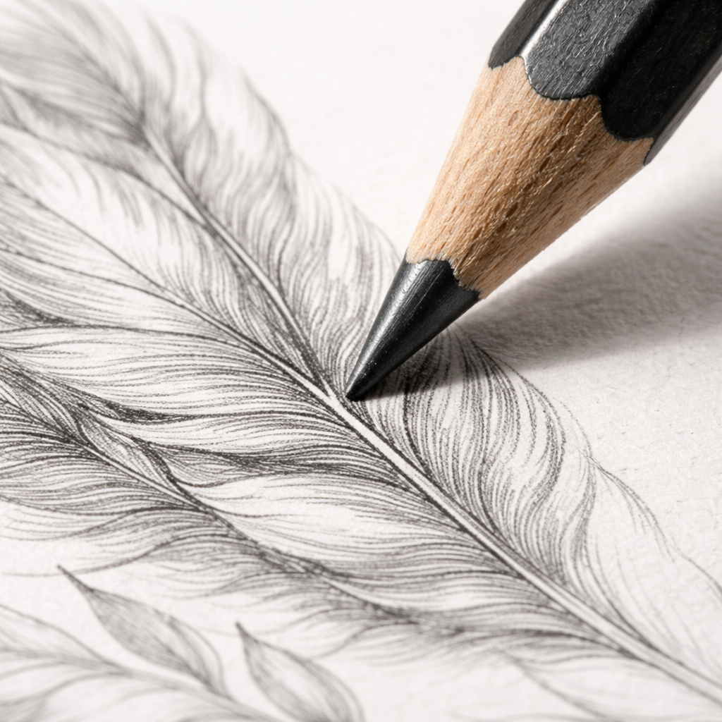 A realistic close‑up of a graphite pencil tip drawing fine line work on smooth bristol board, showing precise detail and clean edges. Alt: detailed graphite pencil fine line illustration.