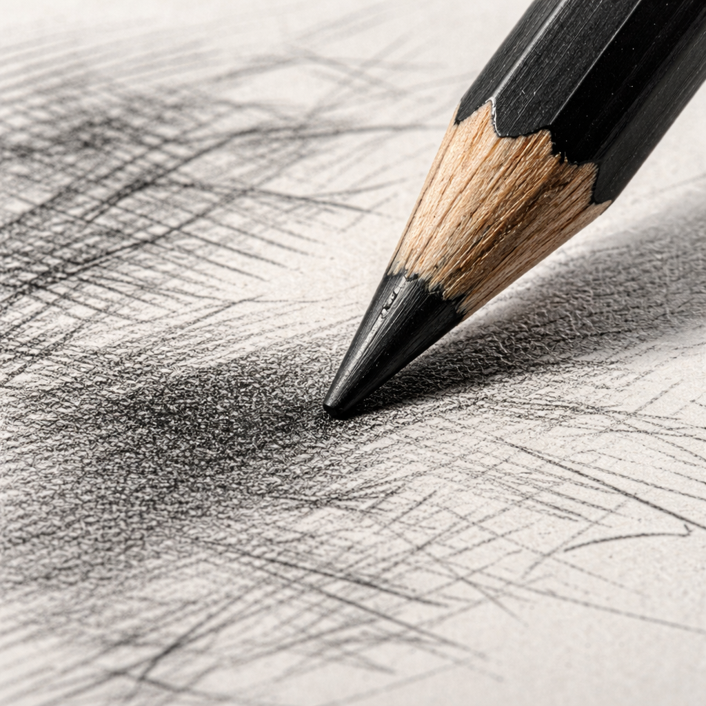 A realistic close‑up of a graphite pencil tip on a sketch paper, showing soft shading and fine line work. Alt: detailed graphite pencil tip shading comic panel