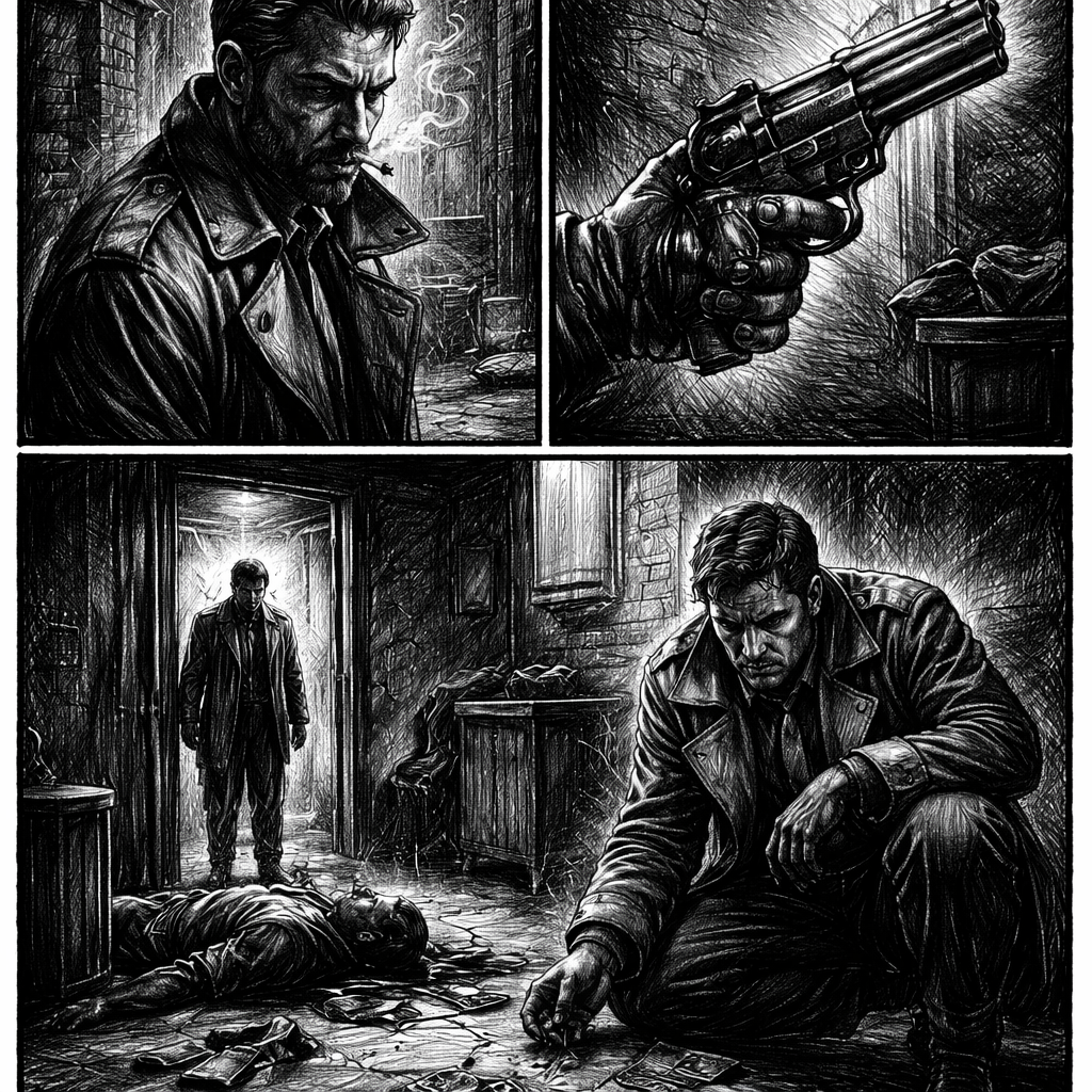 A realistic illustration of a comic panel with deep shadows rendered using dark graphite pencils, focusing on texture and contrast. Alt: dark graphite comic shading example
