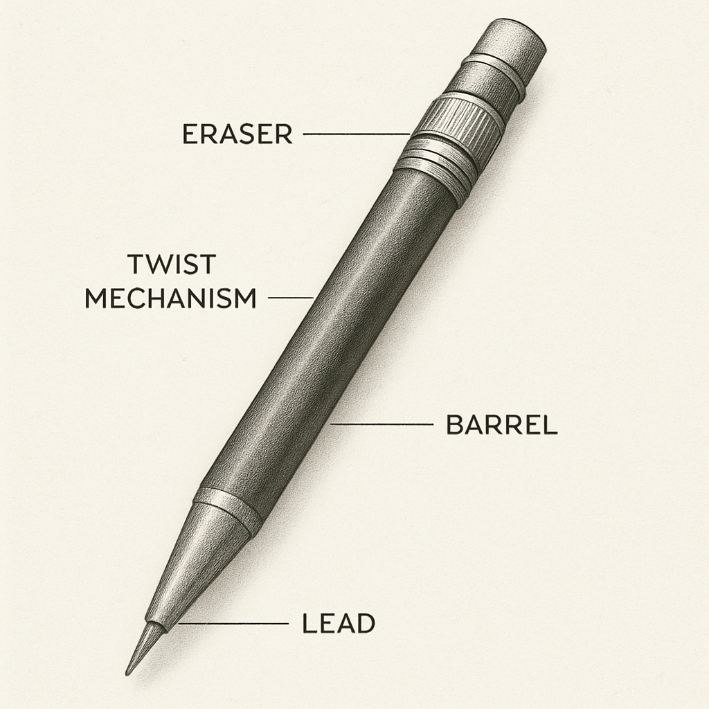 A detailed illustration of a mechanical pencil with labeled parts—lead, barrel, twist mechanism, eraser. Alt: Mechanical pencil parts diagram
