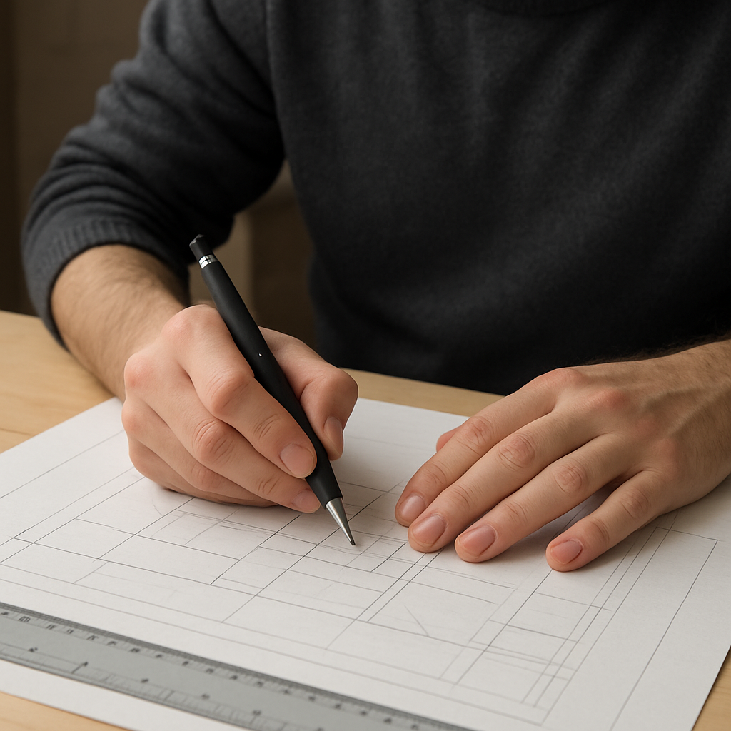 A drafting artist sitting at a table, holding a mechanical pencil with an ergonomic grip, surrounded by drafting paper and a ruler. Alt: Artist using ergonomic pencil for drafting.