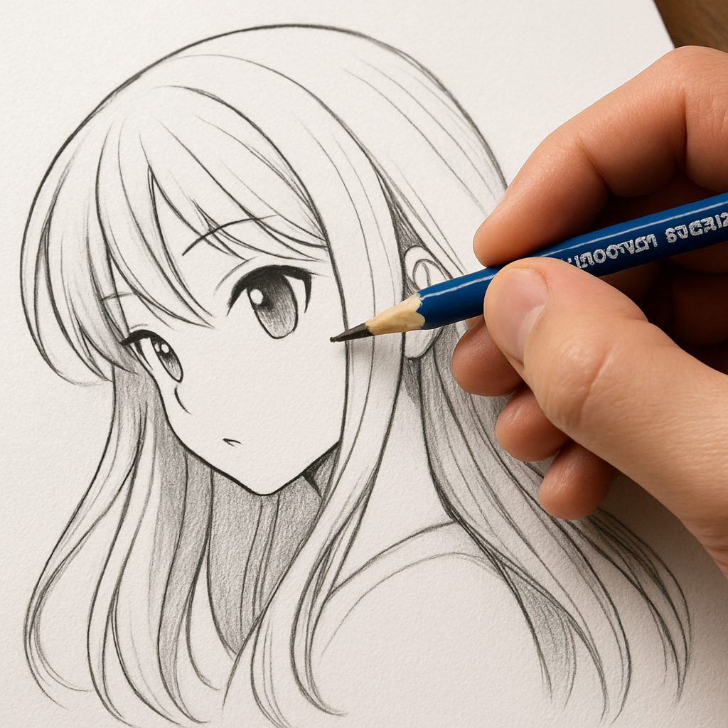 A close‑up of an artist’s hand holding a Staedtler Mars Lumograph 2B pencil, drawing smooth anime hair on a high‑quality sketchbook page. Alt: Staedtler Mars Lumograph smooth graphite pencil for clean anime lines