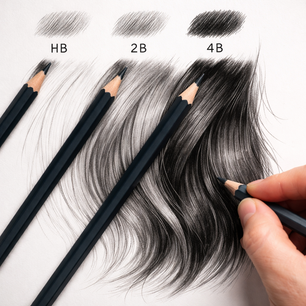 A photorealistic close‑up of a hand drawing hair texture with a range of pencils (HB, 2B, 4B) on smooth drawing paper, showing light, mid, and dark strokes. Alt: Detailed illustration of best pencils for drawing hair texture shading steps.