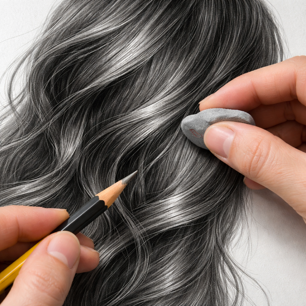 A photorealistic close‑up of a hand adding tiny white highlights and ultra‑thin dark strands to a graphite hair drawing on smooth paper, showing the use of a hard HB pencil and a kneaded eraser, realistic style.