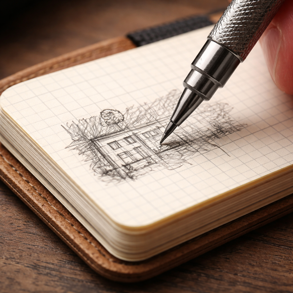 A photorealistic close‑up of a thin‑barrel metal mechanical pencil drawing fine lines on a tiny notebook page. Alt: best pencils for drawing in small format notebooks.