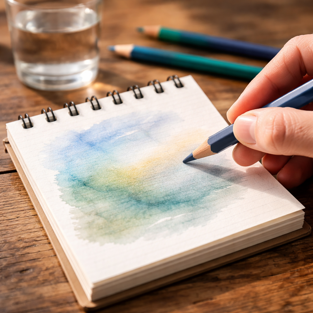 A photorealistic close‑up of a hand holding a water‑soluble pencil and a small notebook page with a soft blended wash, natural lighting, realistic style. Alt: Water‑soluble pencils for small format notebooks