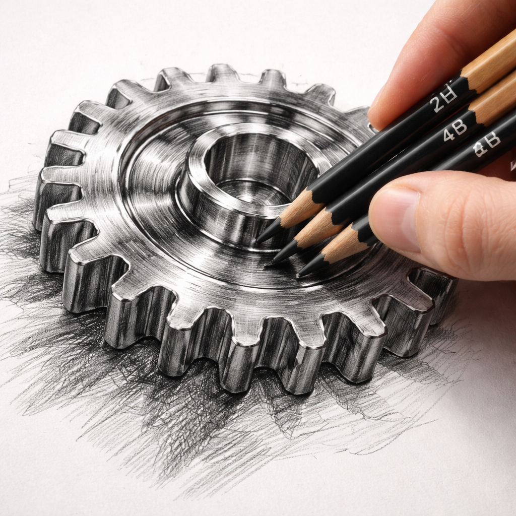 A photorealistic close‑up of a hand holding three graphite pencils—2H, 4B, 6B—sketching a shiny metal gear on smooth paper. Alt: Best pencils for drawing metal textures showing pencil hardness selection.