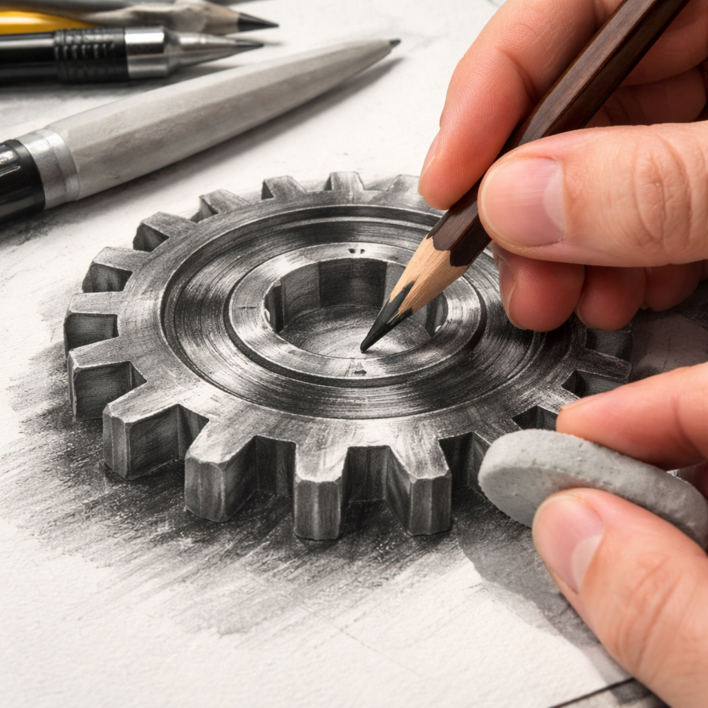 A photorealistic close‑up of an artist’s hand using a 2H pencil to draw a metal gear, a blending stump smoothing the graphite, and a kneaded eraser lifting a tiny highlight. Alt: best pencils for drawing metal textures finishing touches.