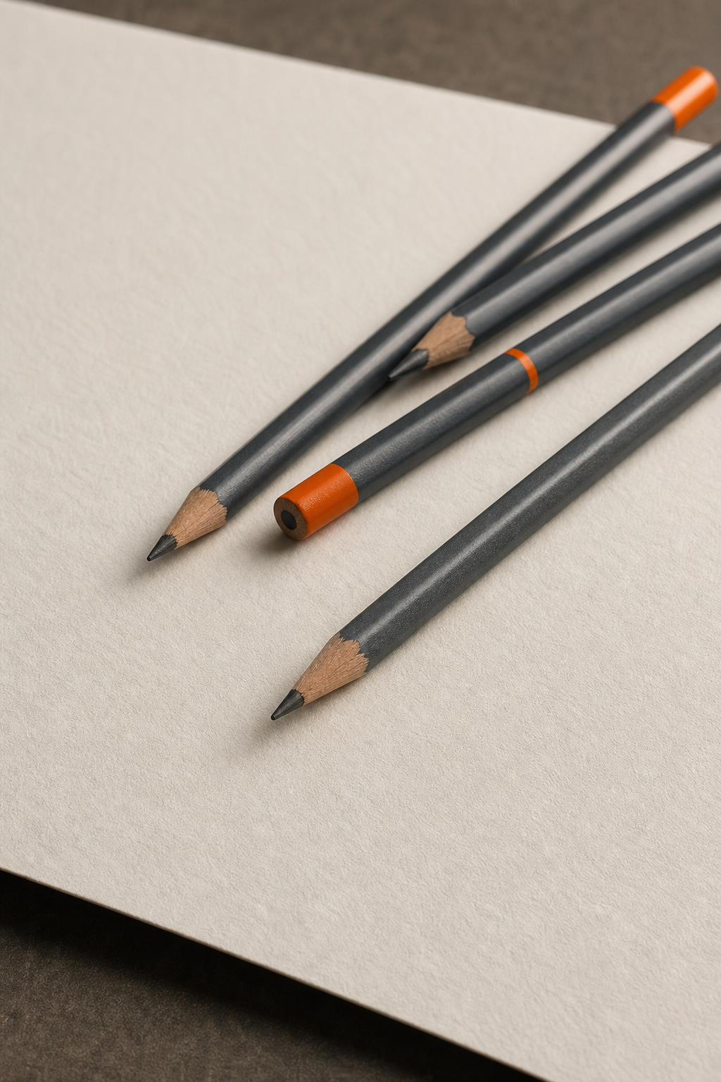 A photorealistic close-up of graphite pencils on heavy-weight paper. Alt: Graphite pencils on heavyweight paper.