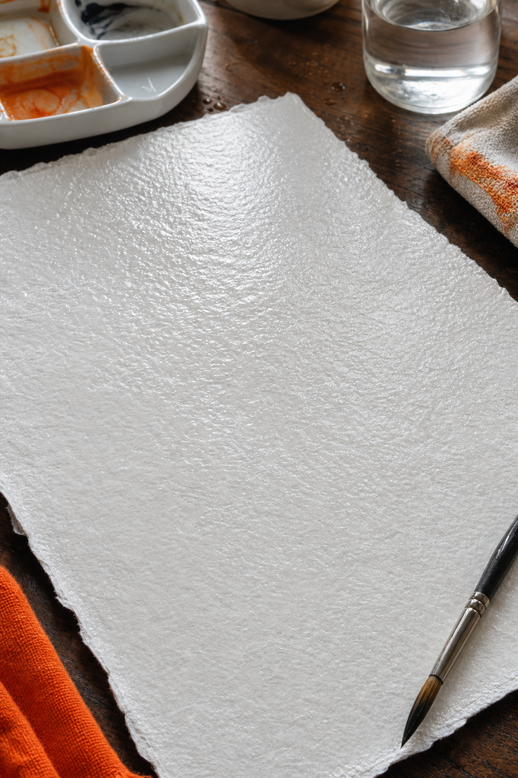 A studio setup showing a heavyweight watercolor paper with a rough, velvety surface after the wet-method. Alt: Wet-method prep texture on heavyweight paper.