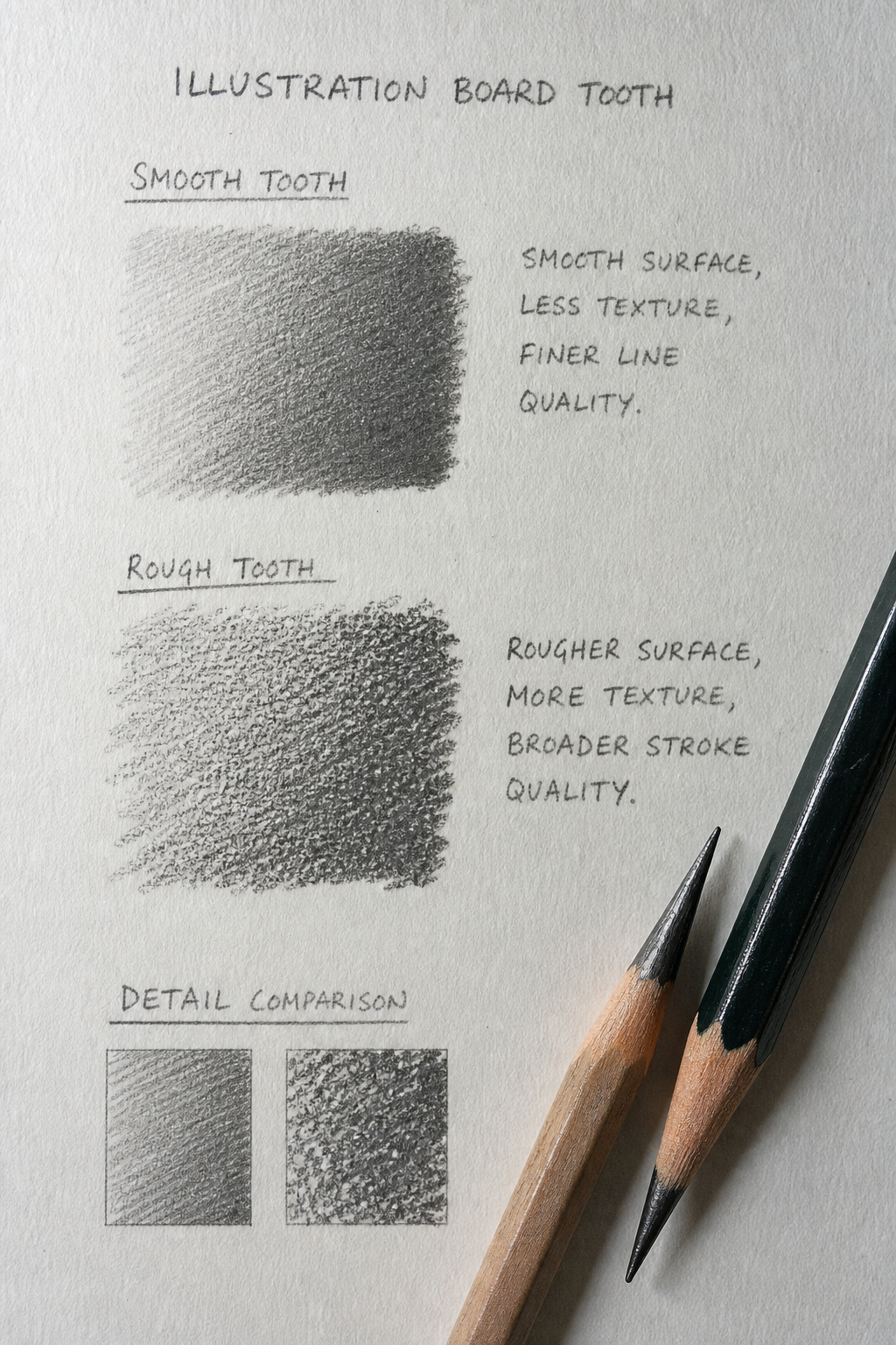 Realistic close-up of illustration board texture and pencil marks, showing smooth vs rough tooth. Alt: illustration board tooth close-up with pencils.