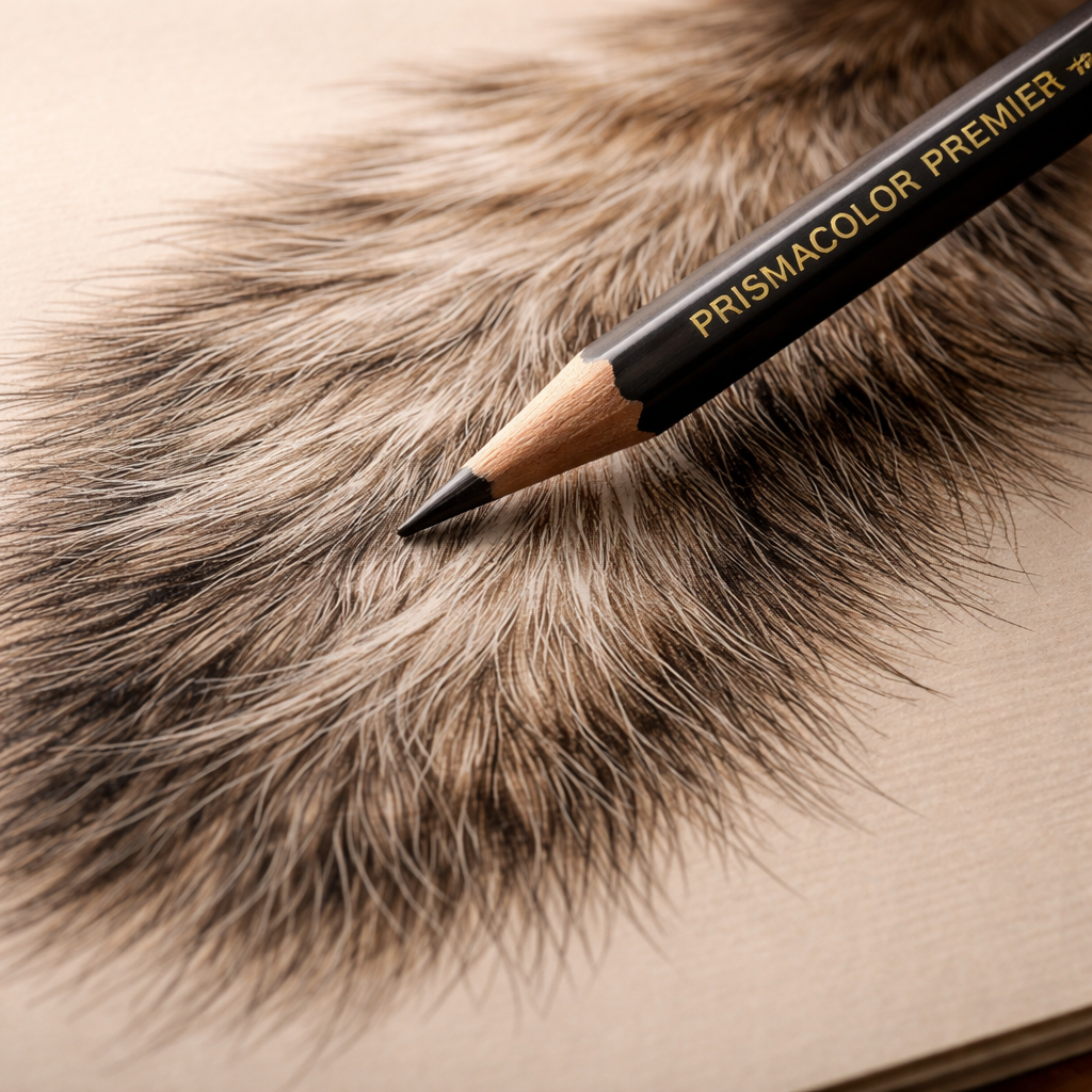A photorealistic close‑up of a Prismacolor Premier Soft Core #2 pencil drawing detailed fur on a sketch pad, with soft lighting and realistic texture, showing the fine hair strokes. Alt: Best pencils for drawing realistic animal fur