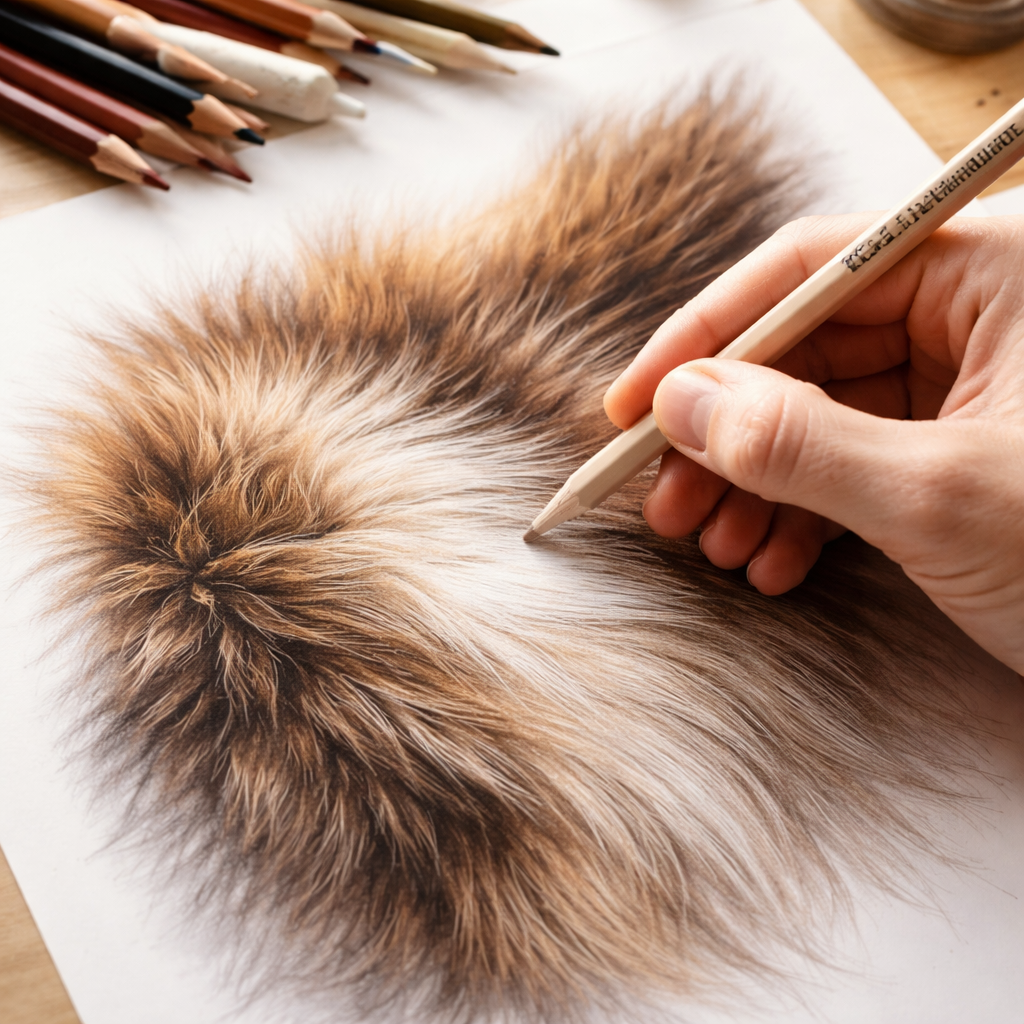 A photorealistic scene of an artist's hand using a soft wax pencil and an oil pencil to draw a fluffy animal fur texture on smooth drawing paper, natural daylight, realistic style. Alt: best pencils for drawing realistic animal fur illustration.