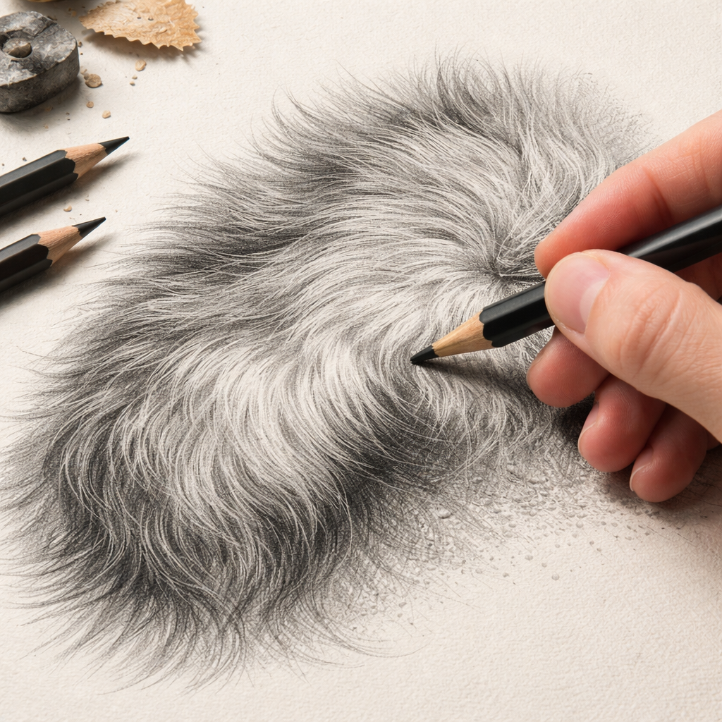 A photorealistic close‑up of a hand drawing fluffy animal fur with a soft‑core 2B graphite pencil on textured paper. Alt: best pencils for drawing realistic fur – soft core graphite illustration.