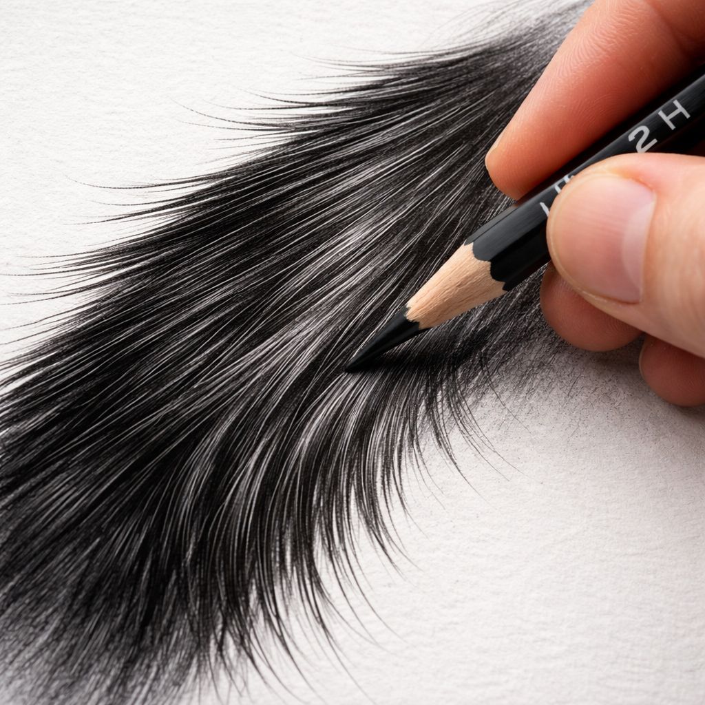 A close‑up of a hand holding a 2H graphite pencil, drawing sleek black fur on textured paper. Alt: hard‑core graphite pencils for precise dark fur strands.