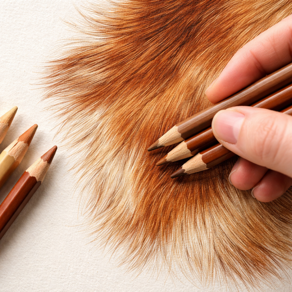 A photorealistic close‑up of a hand holding three colored pencils – beige, light brown, burnt umber – drawing warm‑tone fur on textured paper. Alt: best pencils for drawing realistic fur showing warm‑tone color progression.