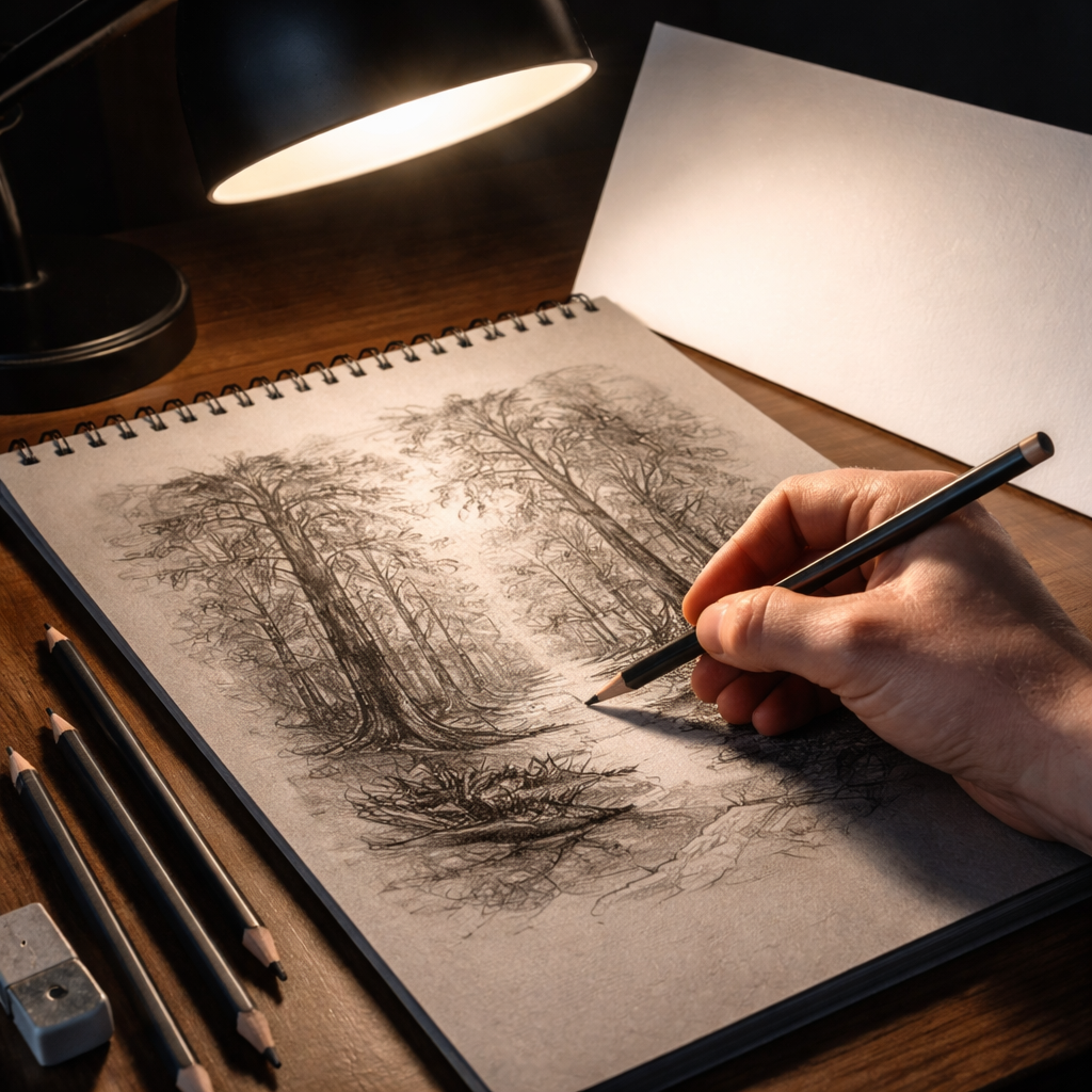 A photorealistic scene of an artist’s hand holding a 4B pencil, drawing on a gray sketch pad under a low‑lux desk lamp, with a white paper reflector placed opposite the light. Alt: Best pencils for drawing under lighting conditions showing contrast‑boosting techniques.