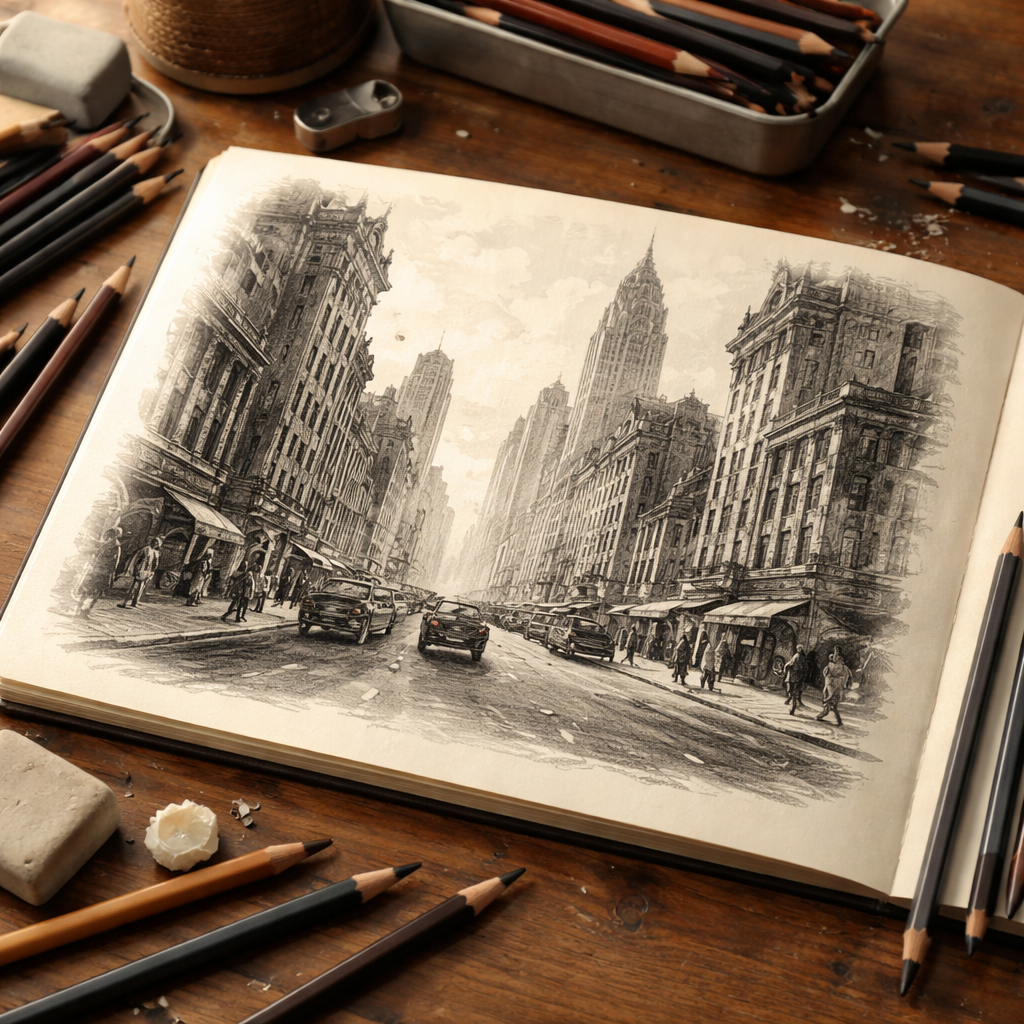 A photorealistic scene of a wooden desk with a vintage‑style sketchbook opened to a charcoal‑shaded 1930s cityscape, surrounded by a range of HB‑B and B‑2B pencils, soft natural lighting, Realism style. Alt: Best pencils for drawing vintage style illustrations set on a desk.