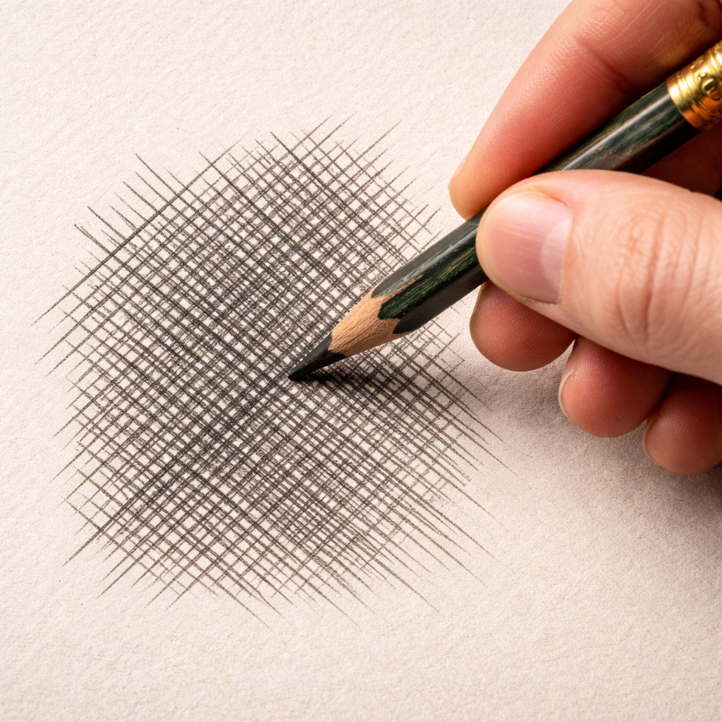 A photorealistic close‑up of a hand using a 2B vintage pencil to cross‑hatch on textured off‑white paper, showing overlapping strokes at 45° and 135°, soft shadows, realistic lighting. Alt: Cross‑hatching with vintage pencils illustration.