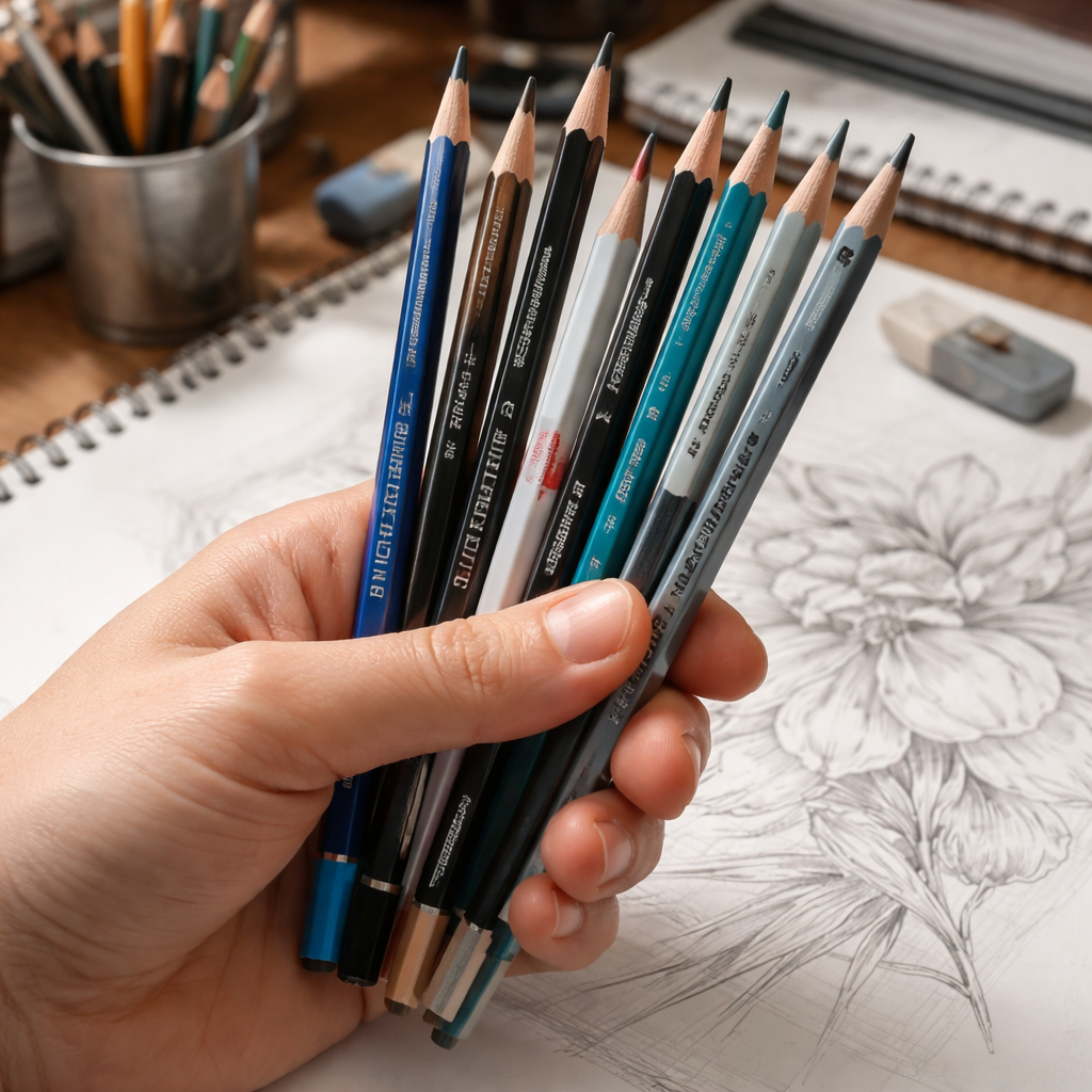 A realistic photo of a hand holding a set of fine‑detail pencils, showing different grades and brands, on a drawing desk with sketch paper. Alt: Best pencils for fine detail illustration.