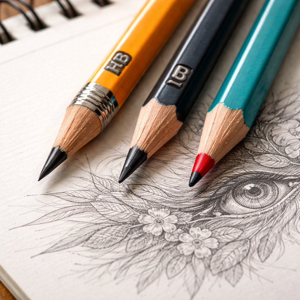 A photorealistic close‑up of three pencils—a hard HB lead, a soft 2B lead, and a coloured pencil—lying on a sketchpad with fine detail lines drawn beside them. Alt: best pencils for fine detail illustration.