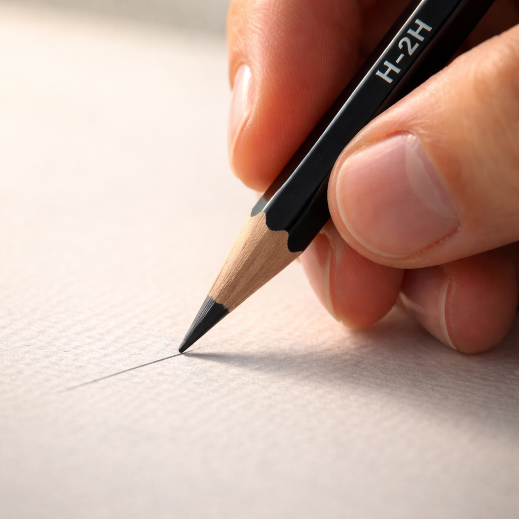 A realistic close‑up of a hand holding a sharp H‑2H graphite pencil, drawing a fine line on textured paper, soft natural light highlighting the tip. Alt: Best pencils for fine detail illustration.